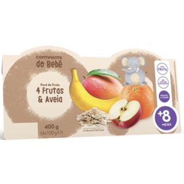 Puré de Fruta 4 Frutas e Aveia +8M Continente do Bebé emb. 4 x 100 gr